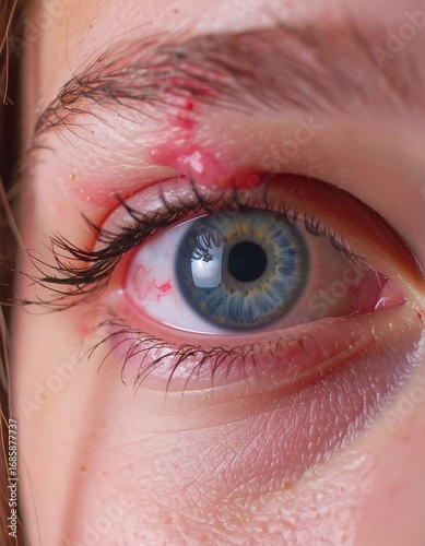 Close-up of a person's eye with irritated skin around the eyelid