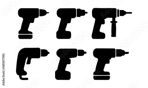 Set of black silhouette cordless power drills on white background