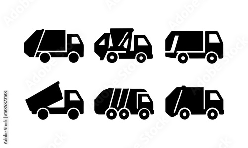 Minimalist silhouette icons of waste management trucks in black