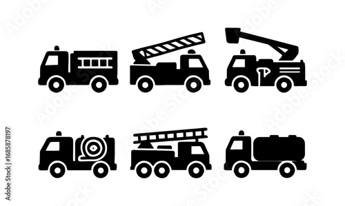 Silhouette icons of emergency fire trucks with equipment