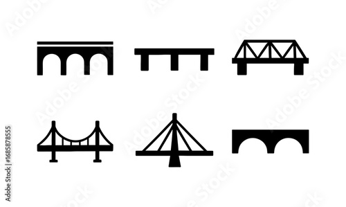 Variety of bridge silhouettes: arched, suspension, and beam designs