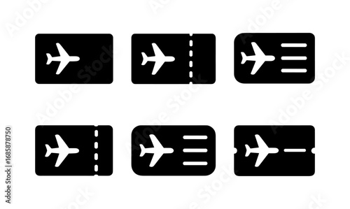 Black silhouette airplane tickets icon set for travel and booking
