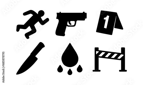 Crime scene icons: silhouette style for forensic and investigation themes