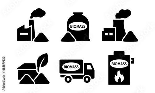 Biomass energy icons: black silhouettes of factory, plant, and truck illustrating renewable energy concepts