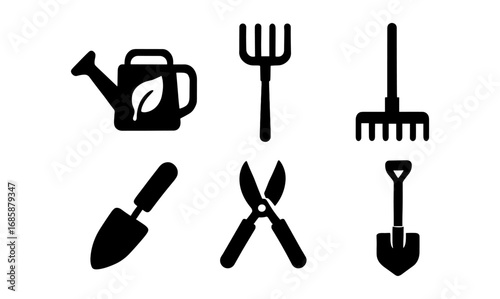 Silhouette gardening tools set featuring watering can and hand tools