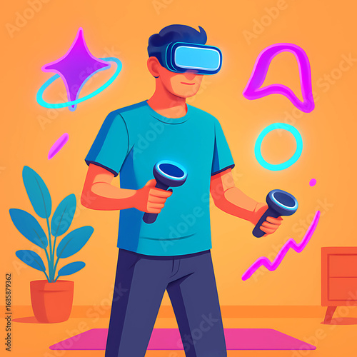 Immersive Virtual Reality Experience Man Interacting with Digital World via VR Headset and Controllers