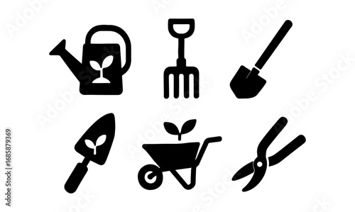 Gardening tools silhouette icons: watering can, shovel, pruning shears, and more