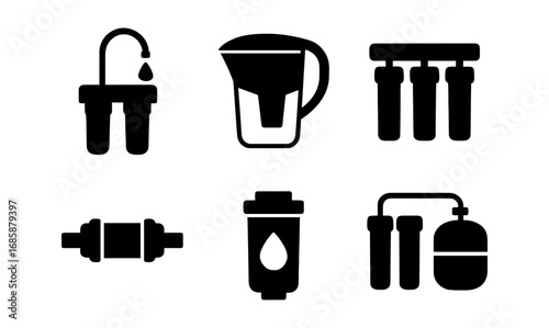 Silhouette water purification icons set: filters, pitcher, faucet, and droplets