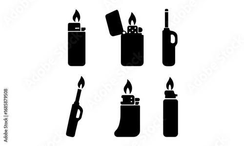 Silhouette collection of various lighter designs with flames
