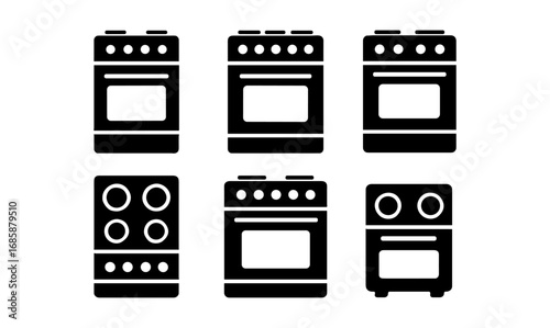 Set of stove silhouettes: black kitchen appliance icons for cooking designs