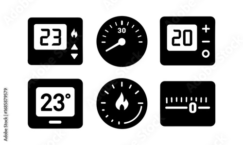 Set of simple black thermostat and temperature control icons
