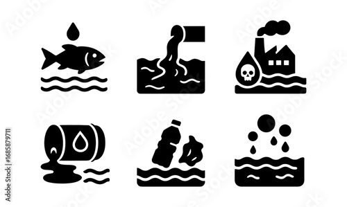 Silhouette icons of water pollution: industrial waste and environmental impact