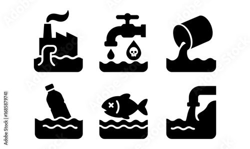 Environmental icons highlighting water pollution and waste management issues