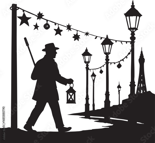 Silhouette of a man with a lantern walking past streetlights and a tower vector