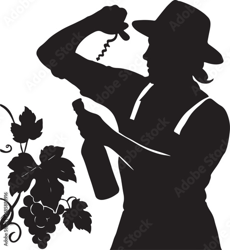 Silhouette of a person in a hat opening a wine bottle with grapes and leaves corkscrew