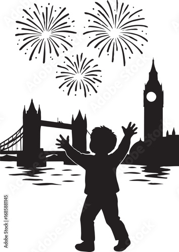 Silhouette of child watching fireworks over London landmarks girl