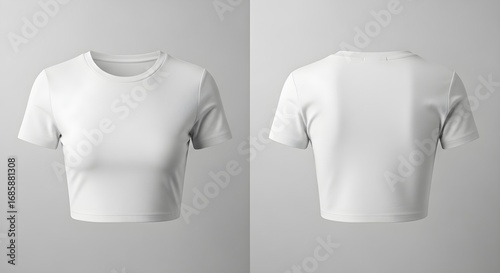 Two views of a plain white crop top, showcasing the front and back design, isolated against a neutral gray background.