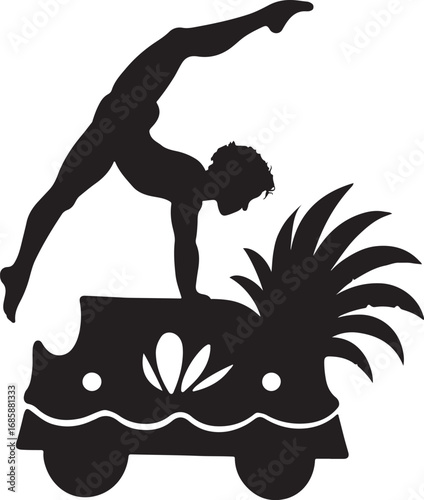 Black silhouette of a gymnast performing a handstand on a decorative cart with palm fronds acrobat