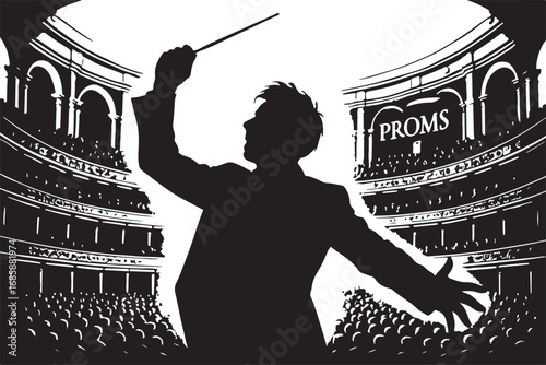 Silhouette of a conductor leading an orchestra in a grand concert hall with audience vector