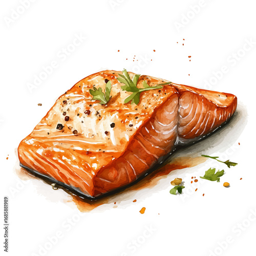 Grilled Salmon, watercolor illustration vector, isolated on a white background.