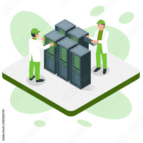 Data center technicians maintaining servers, ensuring optimal performance and security in modern IT