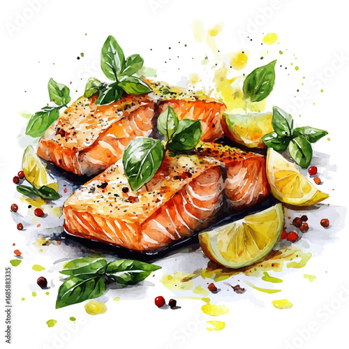 watercolor of Grilled Salmon, vector, isolated on a white background.