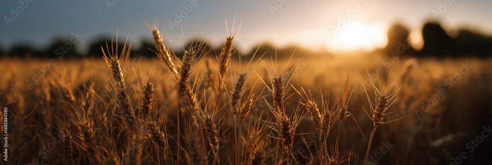 Fototapeta premium Golden wheat field at sunset with sunlight illuminating ears against distant trees