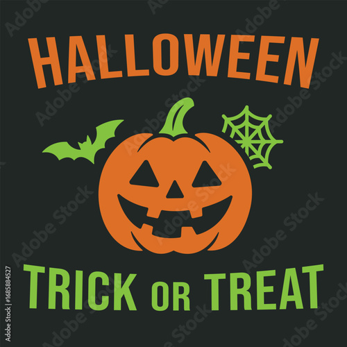 Halloween flat style illustration featuring jack-o’-lantern pumpkin on a dark night background. Clean bold typography with “Trick or Treat” editable text