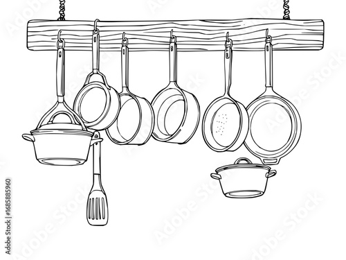 Minimilist a line drawing of various kitchen utensils hanging from a wooden rack with metal hooks in a kitchen vector