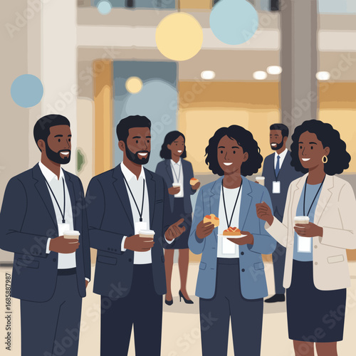 A group of diverse professionals networking and conversing at a conference event, holding coffee and snacks.
