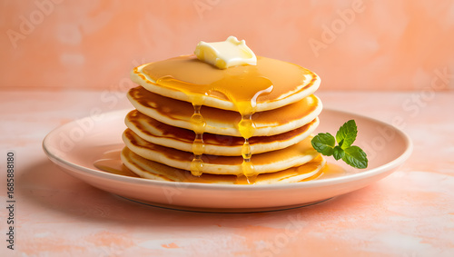 Stack of pancakes with syrup and butter on plate with mint isolated on pink background