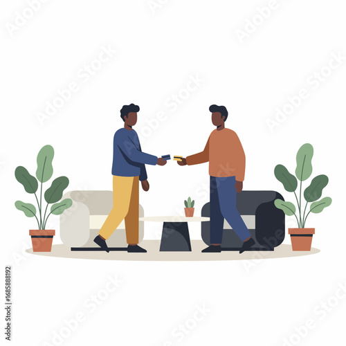 Two dark-skinned men exchanging items in a living room setting with plants and furniture.