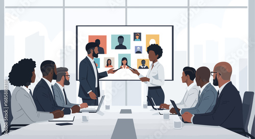 A diverse group of professionals in a meeting, presenting and collaborating on a project.