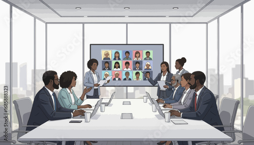 Diverse business professionals in a conference room, engaging in a meeting with a virtual presentation.