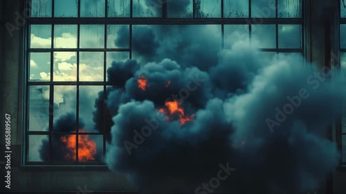 Explosion generating fire and smoke through window of industrial building