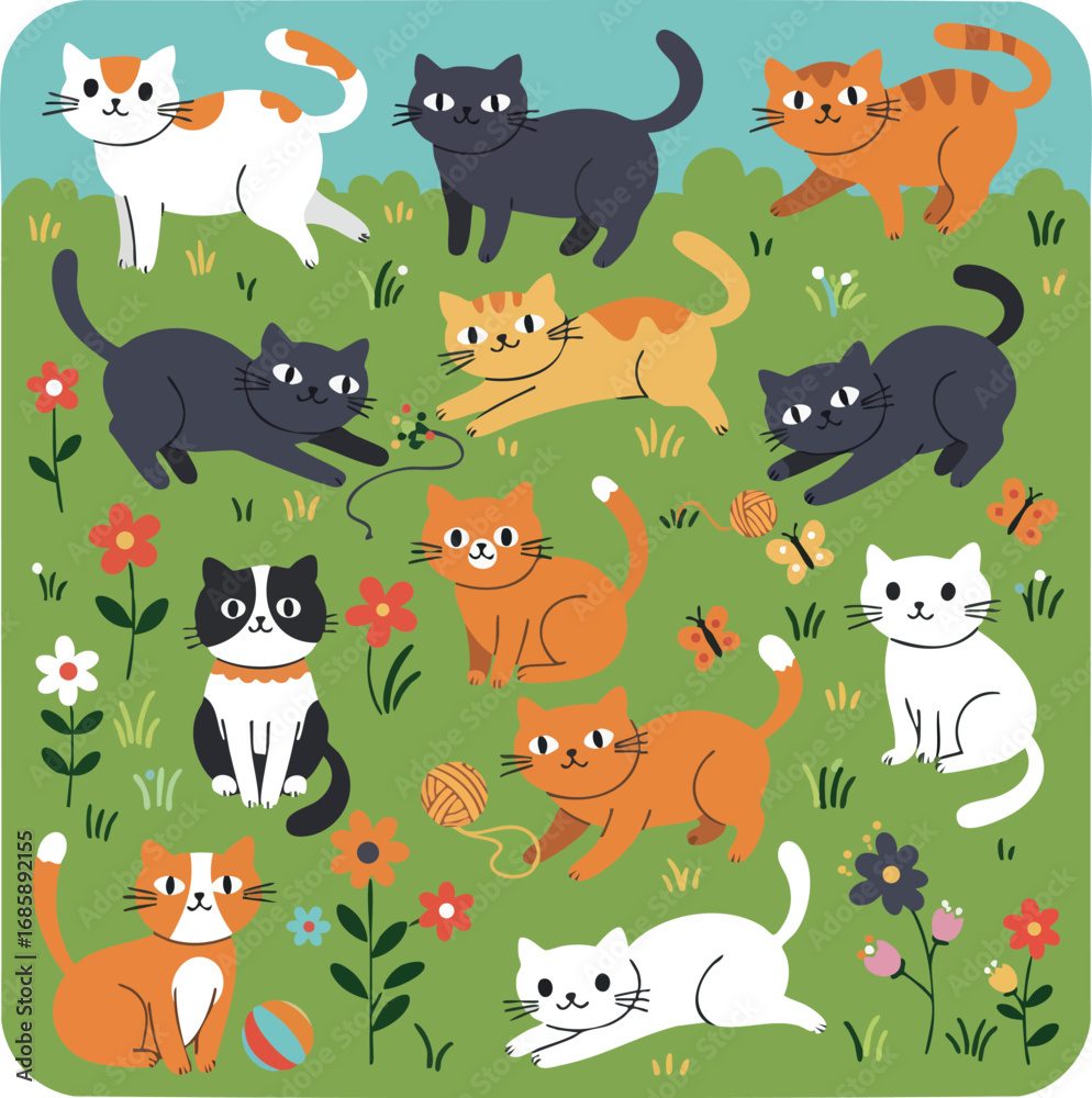 Fototapeta premium Cute cats playing in garden with flowers and yarn balls vector illustration of diverse kittens on green grass