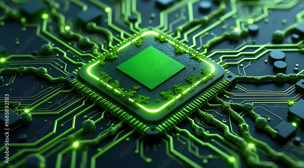 Fototapeta premium Futuristic green microchip with glowing circuits and electronic components on dark circuit board, emitting vibrant neon light