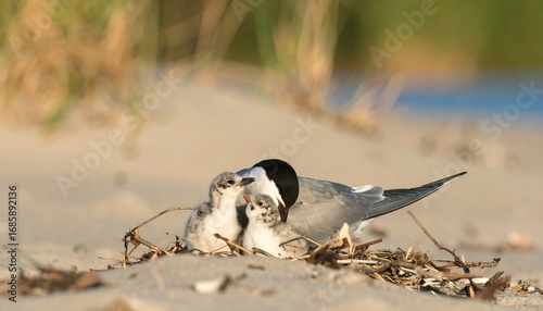 Birds nesting on sandy shore