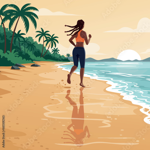 Woman jogging on tropical beach with palm trees at sunrise or sunset peaceful morning exercise active lifestyle vector