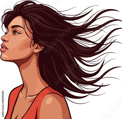 Woman with flowing dark brown hair looking sideways in red top vector portrait design illustration