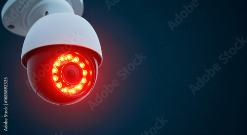 Dome-style surveillance camera prominently mounted on the wall surrounded by several red LED lights, indicating it is active and equipped with night vision capabilities.