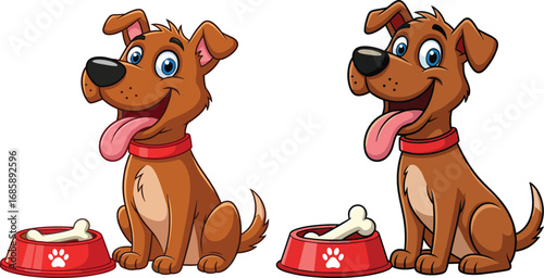 Cute cartoon brown dog with red collar sitting happily beside food bowl and bone, playful,