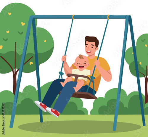 Father and baby son swinging together on playground swing set enjoying outdoor family time cheerful moment