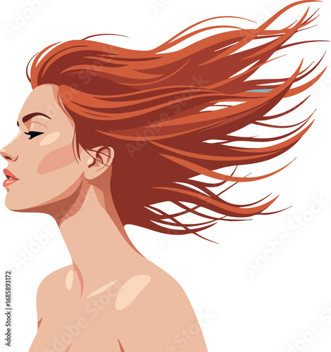 Woman with flowing red hair blowing in the wind profile portrait vector illustration