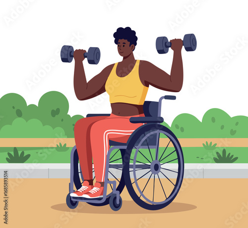 Woman in wheelchair lifting dumbbells exercising outdoors fitness and strength training activity vector illustration