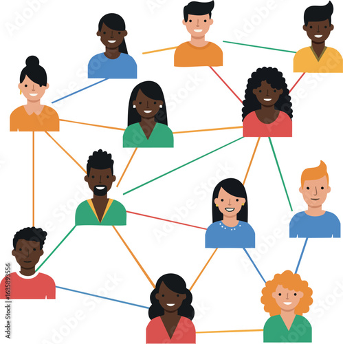 Diverse group of connected people social network illustration with colorful clothing and smiling faces vector design