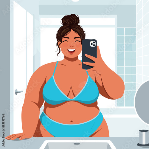 Curvy plus size woman taking selfie in blue bikini confident body positivity self love bathroom mirror