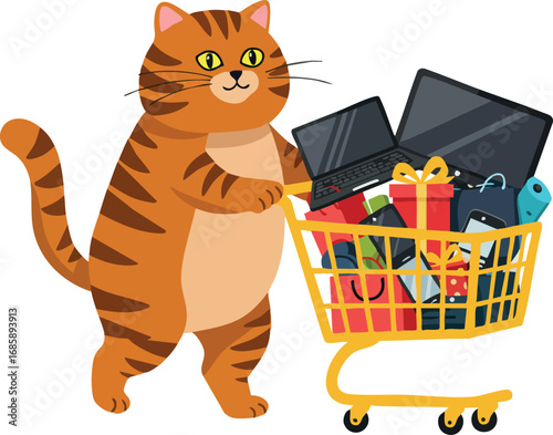 Cat pushing shopping cart full of electronics and gifts in vector style illustration