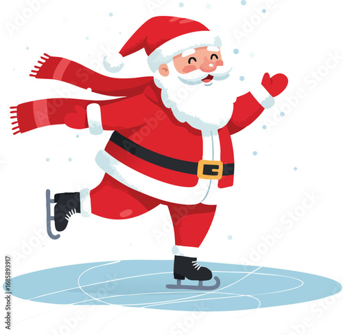 Santa Claus ice skating joyful winter holiday celebration with red suit and scarf vector illustration