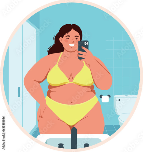 Plus size woman taking selfie in yellow bikini bathroom mirror body positivity and self confidence concept vector illustration